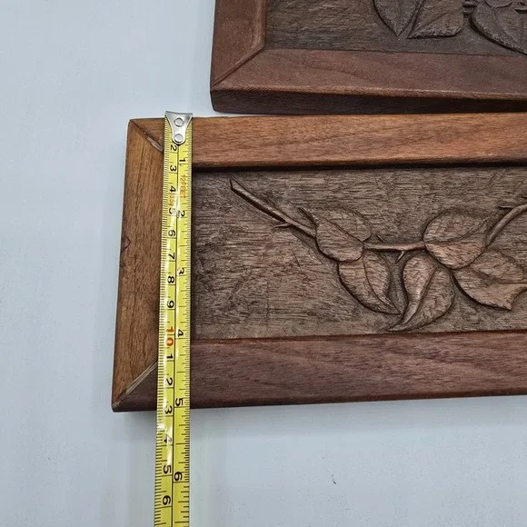 2 Antique Vtg Handcarved Wooden Panel Upcycled Plant Flower Wall Hangings
